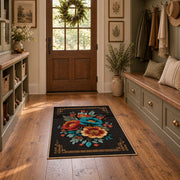 black red teal folk floral traditional border area rug, front room mockup