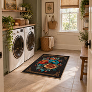 black red teal folk floral traditional border area rug, wide interior view