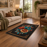 black red teal folk floral traditional border area rug, design detail view