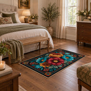 black teal red folk floral garden ornate area rug, cozy home setting