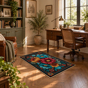 black teal red folk floral garden ornate area rug, complete product view