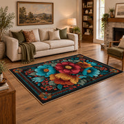 black teal red folk floral garden ornate area rug, angled room view