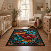 black teal red folk floral garden ornate area rug, full pattern view