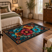 black teal red folk floral garden ornate area rug, soft surface detail