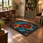 black teal red folk floral garden ornate area rug, wood floor styling