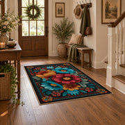 black teal red folk floral garden ornate area rug, close decorative detail