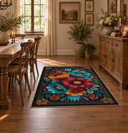 black teal red folk floral garden ornate area rug, front room mockup