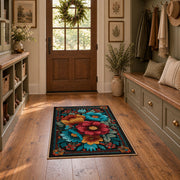 black teal red folk floral garden ornate area rug, wide interior view