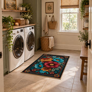 black teal red folk floral garden ornate area rug, design detail view