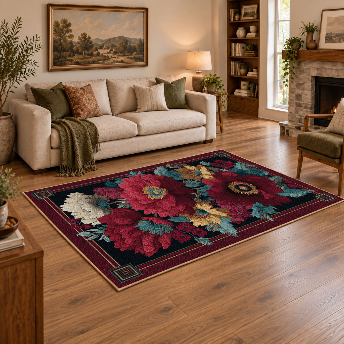 burgundy poppy floral vintage traditional area rug, featured room view