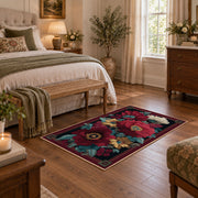 burgundy poppy floral vintage traditional area rug, cozy home setting