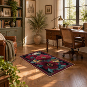 burgundy poppy floral vintage traditional area rug, complete product view