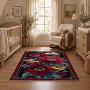 burgundy poppy floral vintage traditional area rug, angled room view