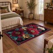 burgundy poppy floral vintage traditional area rug, full pattern view
