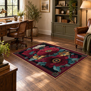 burgundy poppy floral vintage traditional area rug, soft surface detail