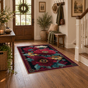 burgundy poppy floral vintage traditional area rug, wood floor styling