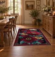 burgundy poppy floral vintage traditional area rug, close decorative detail