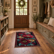burgundy poppy floral vintage traditional area rug, front room mockup