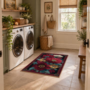 burgundy poppy floral vintage traditional area rug, wide interior view