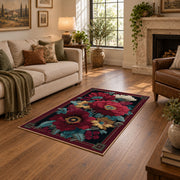 burgundy poppy floral vintage traditional area rug, design detail view