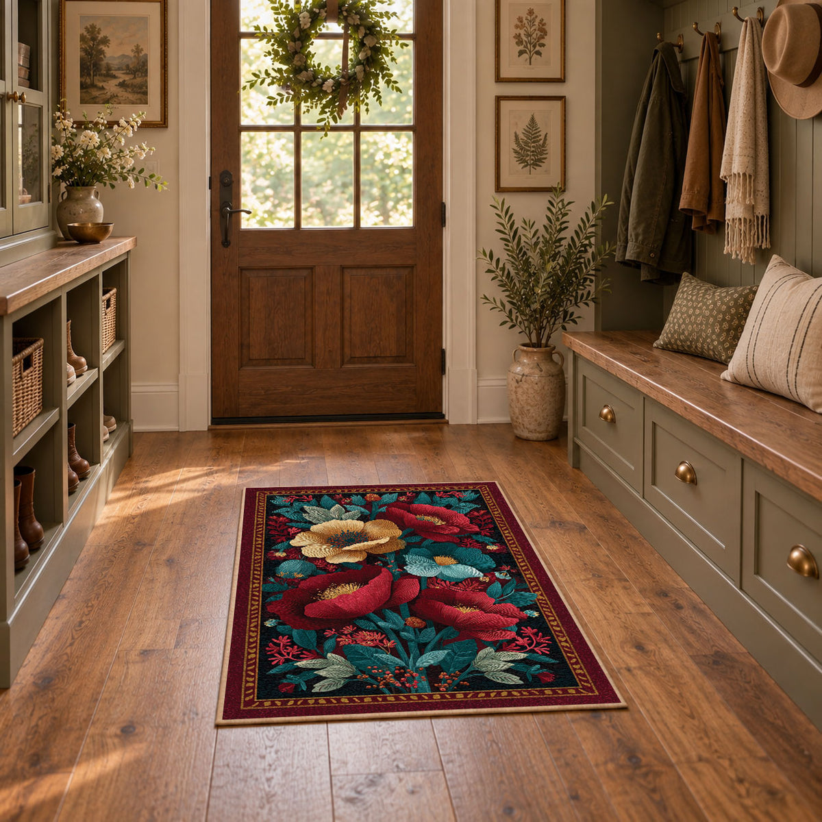burgundy red teal folk floral traditional area rug, featured room view