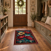 burgundy red teal folk floral traditional area rug, featured room view