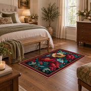 burgundy red teal folk floral traditional area rug, cozy home setting