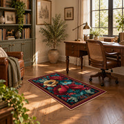 burgundy red teal folk floral traditional area rug, complete product view