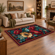 burgundy red teal folk floral traditional area rug, angled room view