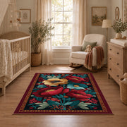 burgundy red teal folk floral traditional area rug, full pattern view
