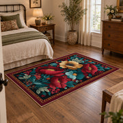 burgundy red teal folk floral traditional area rug, soft surface detail