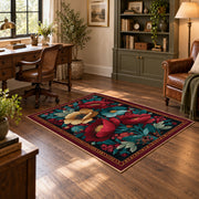 burgundy red teal folk floral traditional area rug, wood floor styling