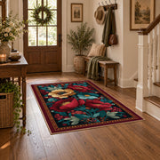 burgundy red teal folk floral traditional area rug, close decorative detail