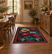 burgundy red teal folk floral traditional area rug, front room mockup