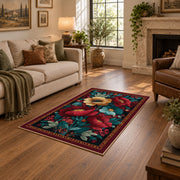 burgundy red teal folk floral traditional area rug, design detail view