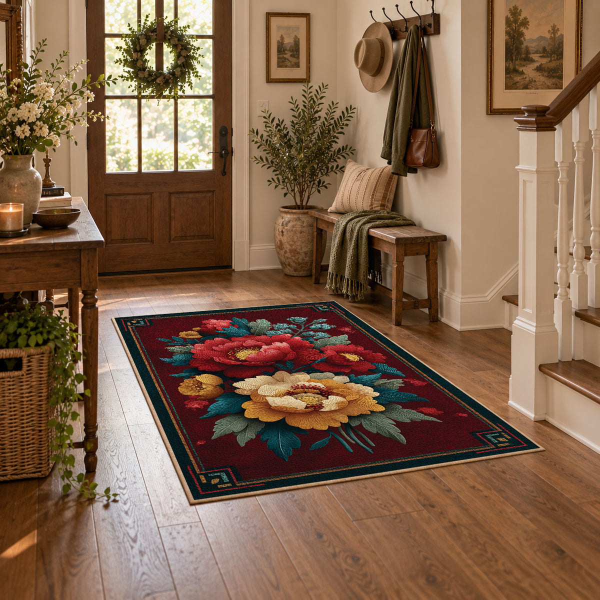 dark teal crimson peony vintage floral area rug, featured room view