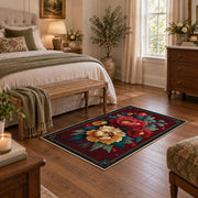 dark teal crimson peony vintage floral area rug, cozy home setting