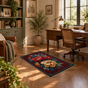 dark teal crimson peony vintage floral area rug, complete product view