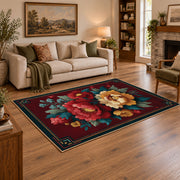 dark teal crimson peony vintage floral area rug, angled room view
