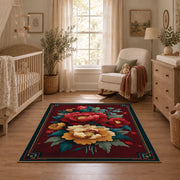 dark teal crimson peony vintage floral area rug, full pattern view
