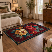 dark teal crimson peony vintage floral area rug, soft surface detail