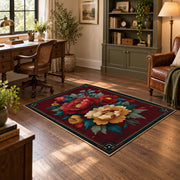 dark teal crimson peony vintage floral area rug, wood floor styling