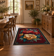 dark teal crimson peony vintage floral area rug, close decorative detail