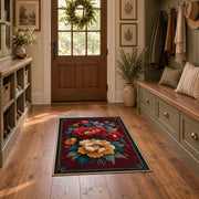 dark teal crimson peony vintage floral area rug, front room mockup