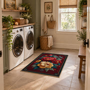 dark teal crimson peony vintage floral area rug, wide interior view
