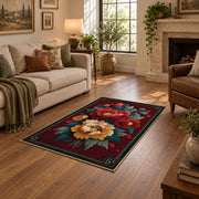 dark teal crimson peony vintage floral area rug, design detail view