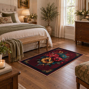 dark burgundy rose bouquet vintage floral area rug, cozy home setting