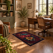 dark burgundy rose bouquet vintage floral area rug, complete product view