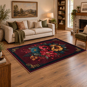 dark burgundy rose bouquet vintage floral area rug, angled room view