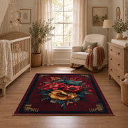 dark burgundy rose bouquet vintage floral area rug, full pattern view